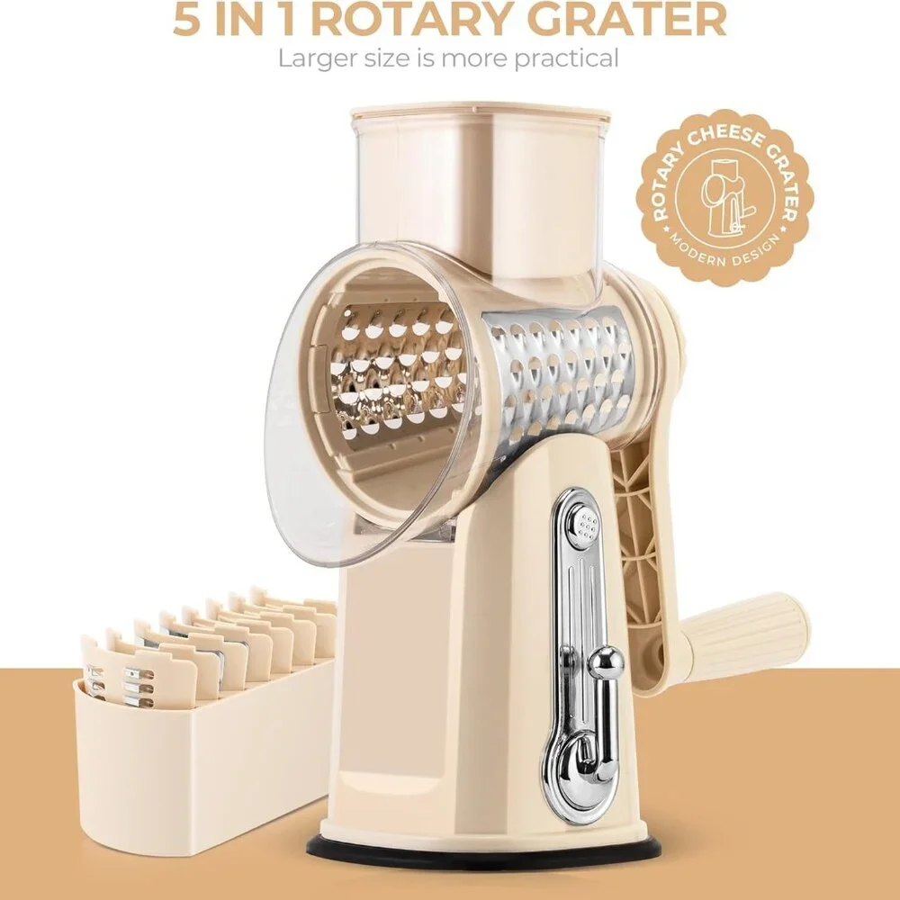 Rotary Cheese Grater w/Handle &5 Blades, Round Slicer & Vegetable Grater